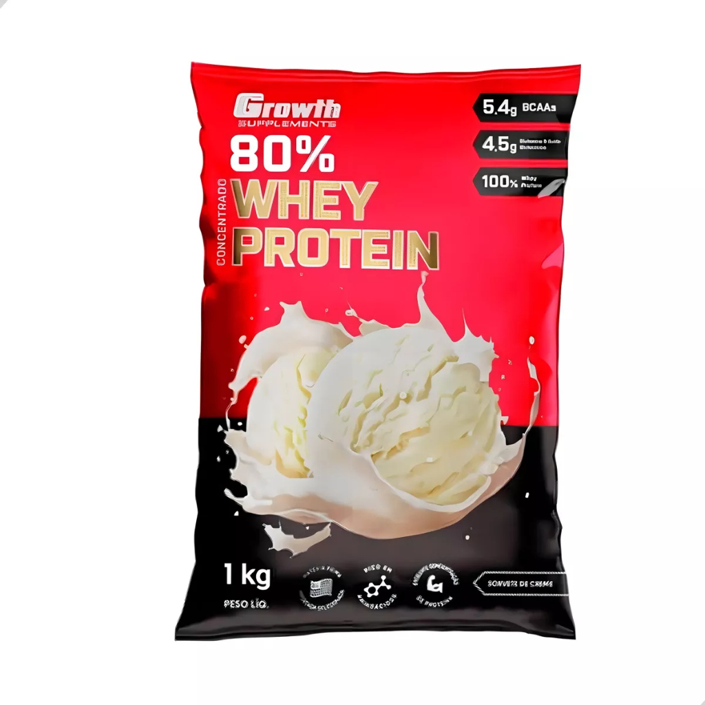 100% Whey Protein Concentrado (80% Proteína Pura) - Pacote 1kg - Growth Supplements