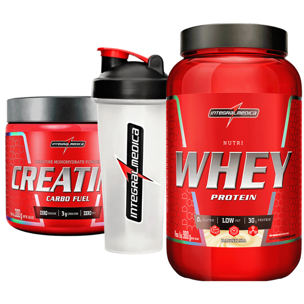 Kit Coqueteleira 600ml + Nutri Whey Pote 900g + Creatina Carbo Fuel 300g - Integral Médica