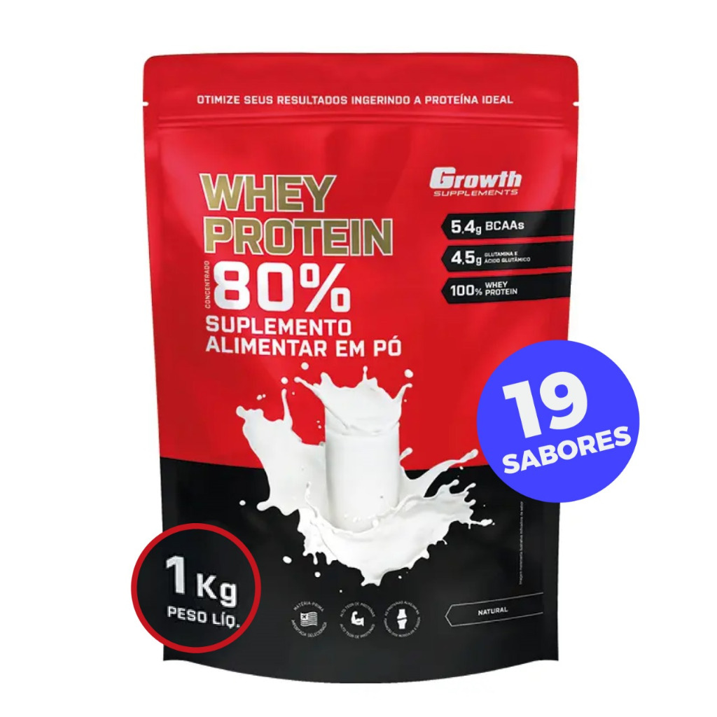 100% Whey Protein Concentrado (80% Proteína Pura) - Pacote 1kg - Growth Supplements