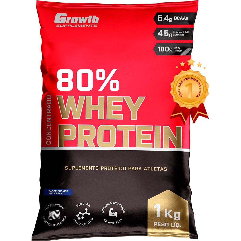 100% Whey Protein Concentrado (80% Proteína Pura) - Pacote 1kg - Growth Supplements