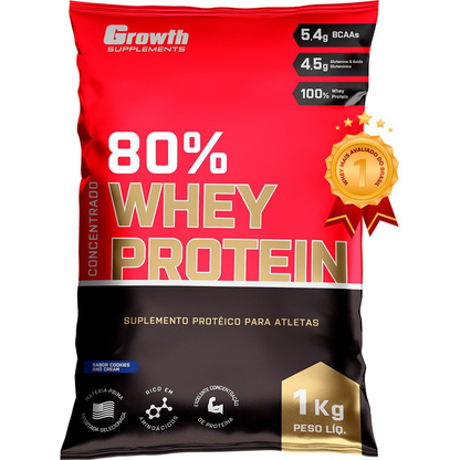 100% Whey Protein Concentrado (80% Proteína Pura) - Pacote 1kg - Growth Supplements