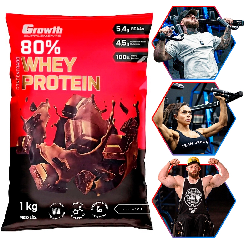 100% Whey Protein Concentrado (80% Proteína Pura) - Pacote 1kg - Growth Supplements