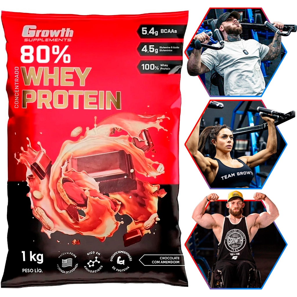 100% Whey Protein Concentrado (80% Proteína Pura) - Pacote 1kg - Growth Supplements
