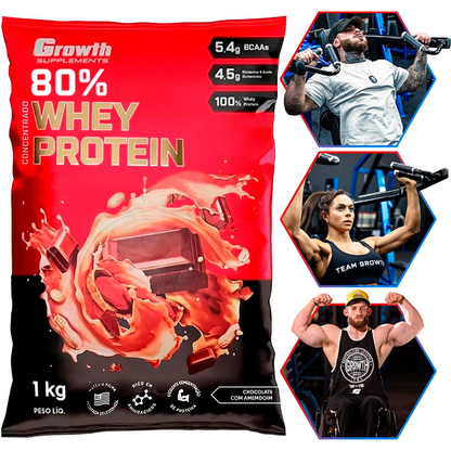 100% Whey Protein Concentrado (80% Proteína Pura) - Pacote 1kg - Growth Supplements