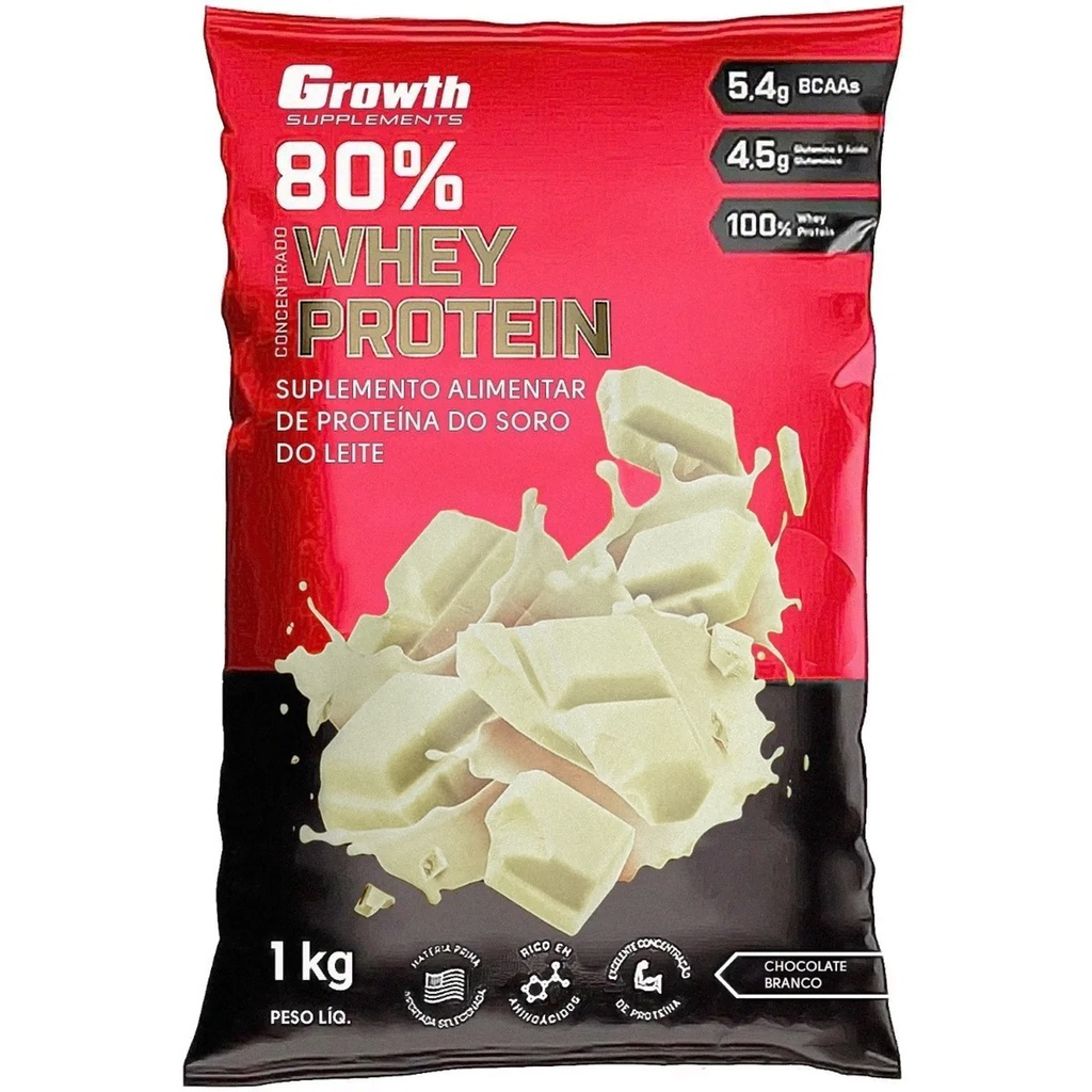 100% Whey Protein Concentrado (80% Proteína Pura) - Pacote 1kg - Growth Supplements