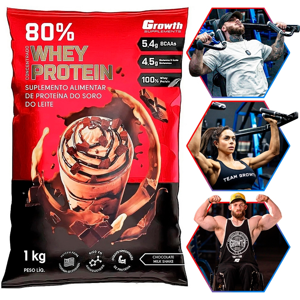 100% Whey Protein Concentrado (80% Proteína Pura) - Pacote 1kg - Growth Supplements
