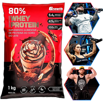 100% Whey Protein Concentrado (80% Proteína Pura) - Pacote 1kg - Growth Supplements