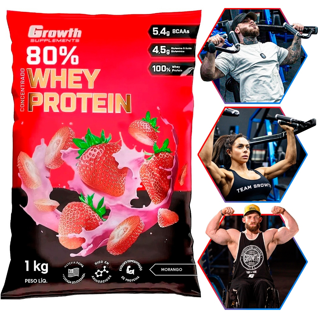 100% Whey Protein Concentrado (80% Proteína Pura) - Pacote 1kg - Growth Supplements