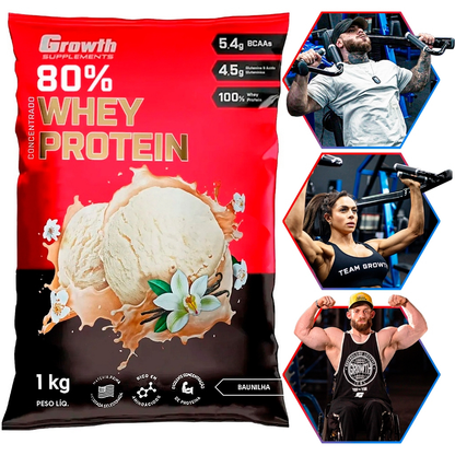 100% Whey Protein Concentrado (80% Proteína Pura) - Pacote 1kg - Growth Supplements