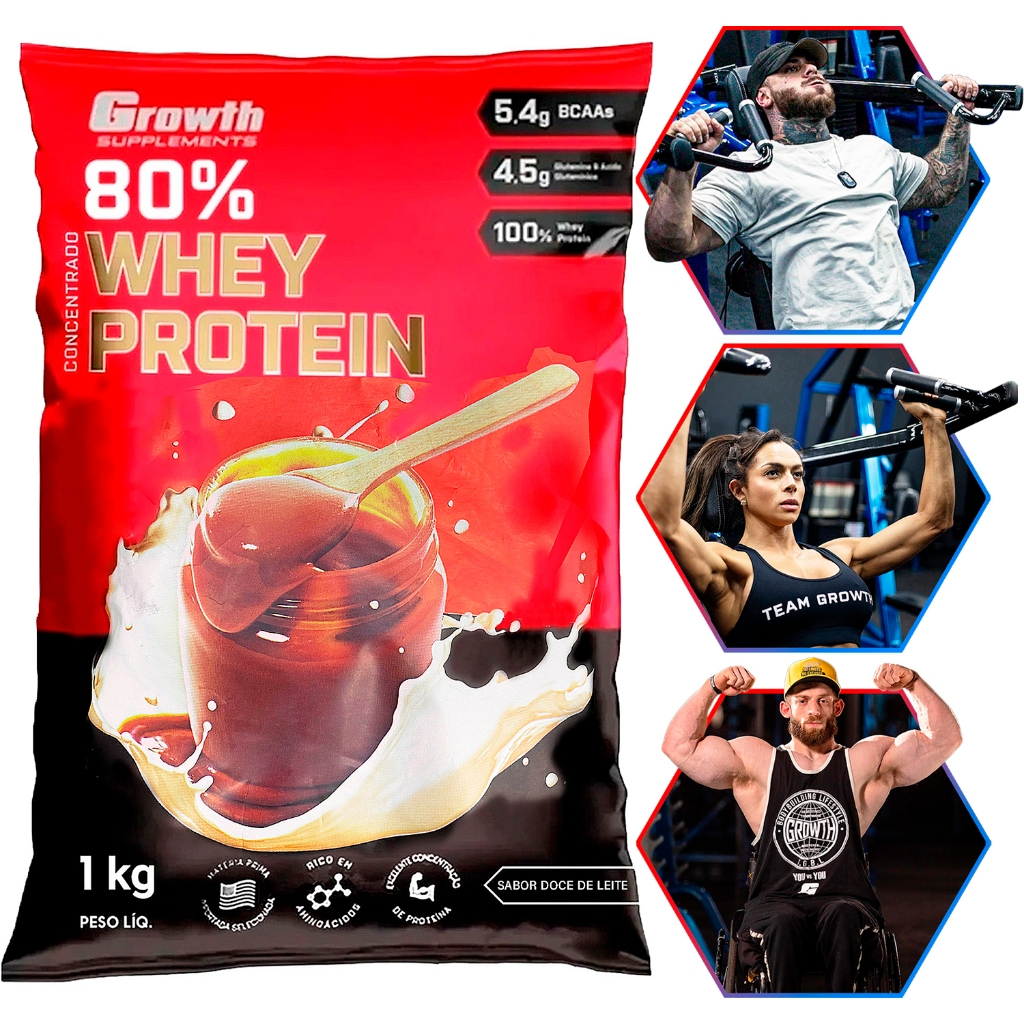 100% Whey Protein Concentrado (80% Proteína Pura) - Pacote 1kg - Growth Supplements