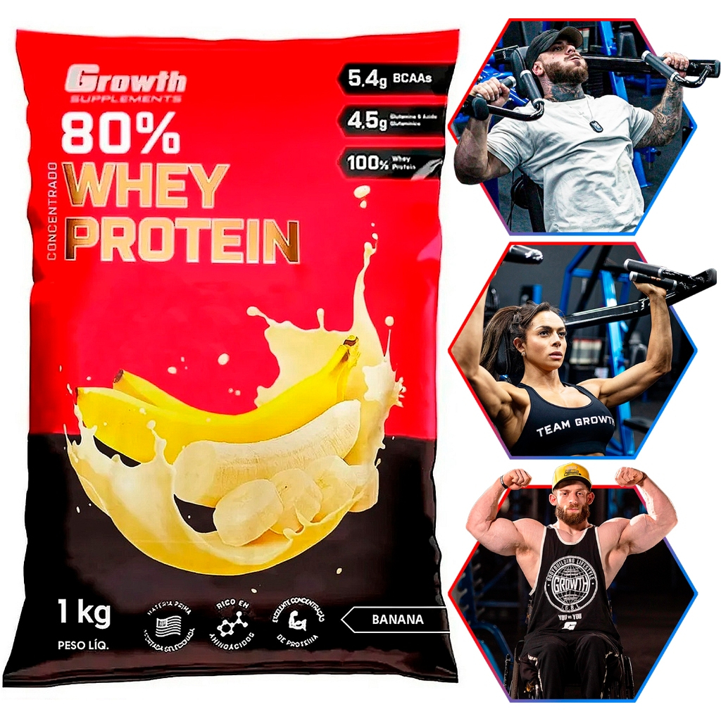 100% Whey Protein Concentrado (80% Proteína Pura) - Pacote 1kg - Growth Supplements