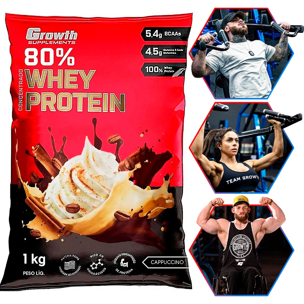 100% Whey Protein Concentrado (80% Proteína Pura) - Pacote 1kg - Growth Supplements