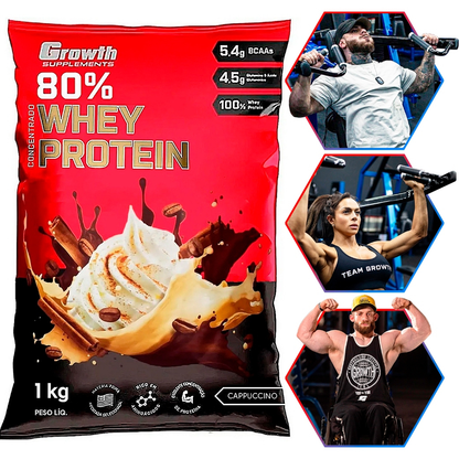 100% Whey Protein Concentrado (80% Proteína Pura) - Pacote 1kg - Growth Supplements