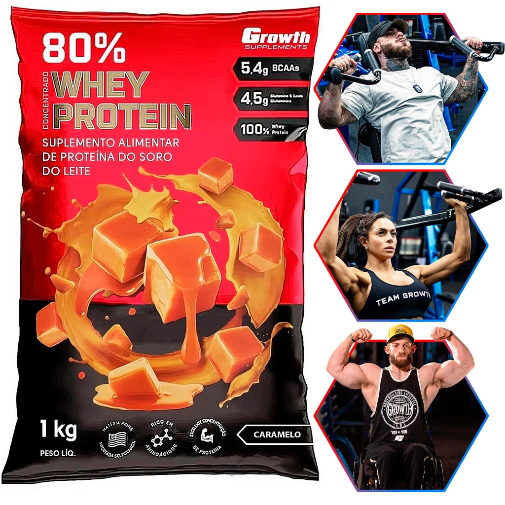 100% Whey Protein Concentrado (80% Proteína Pura) - Pacote 1kg - Growth Supplements