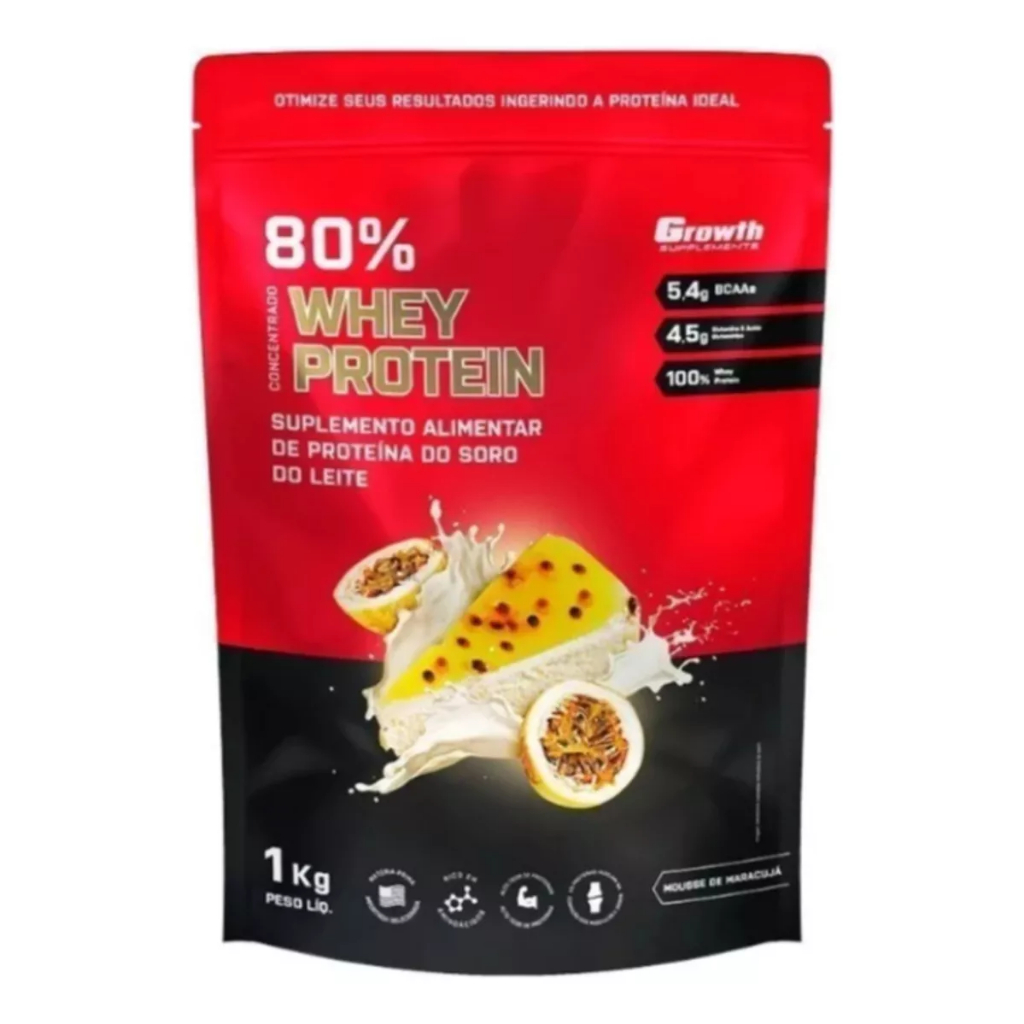 100% Whey Protein Concentrado (80% Proteína Pura) - Pacote 1kg - Growth Supplements