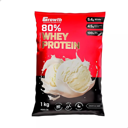 100% Whey Protein Concentrado (80% Proteína Pura) - Pacote 1kg - Growth Supplements