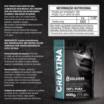 Creatina Monohidratada 600g 100% Pura Importada Soldiers Nutrition Suplemento Performance Muscular Força