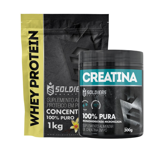 Kit: Whey Protein Concentrado 1Kg + Creatina Monohidratada Pote 300g - 100% Pura Importada - Soldiers Nutrition