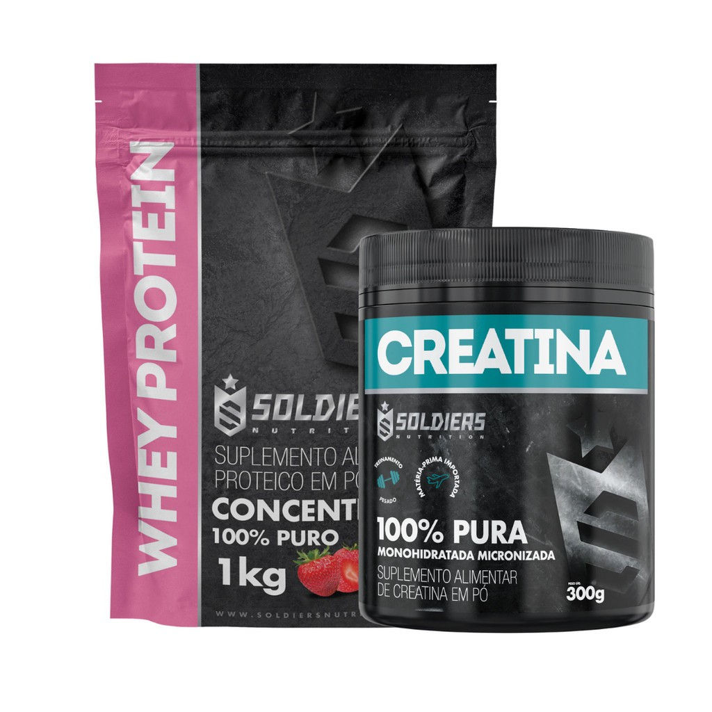 Kit: Whey Protein Concentrado 1Kg + Creatina Monohidratada Pote 300g - 100% Pura Importada - Soldiers Nutrition