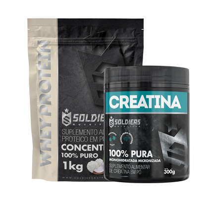Kit: Whey Protein Concentrado 1Kg + Creatina Monohidratada Pote 300g - 100% Pura Importada - Soldiers Nutrition