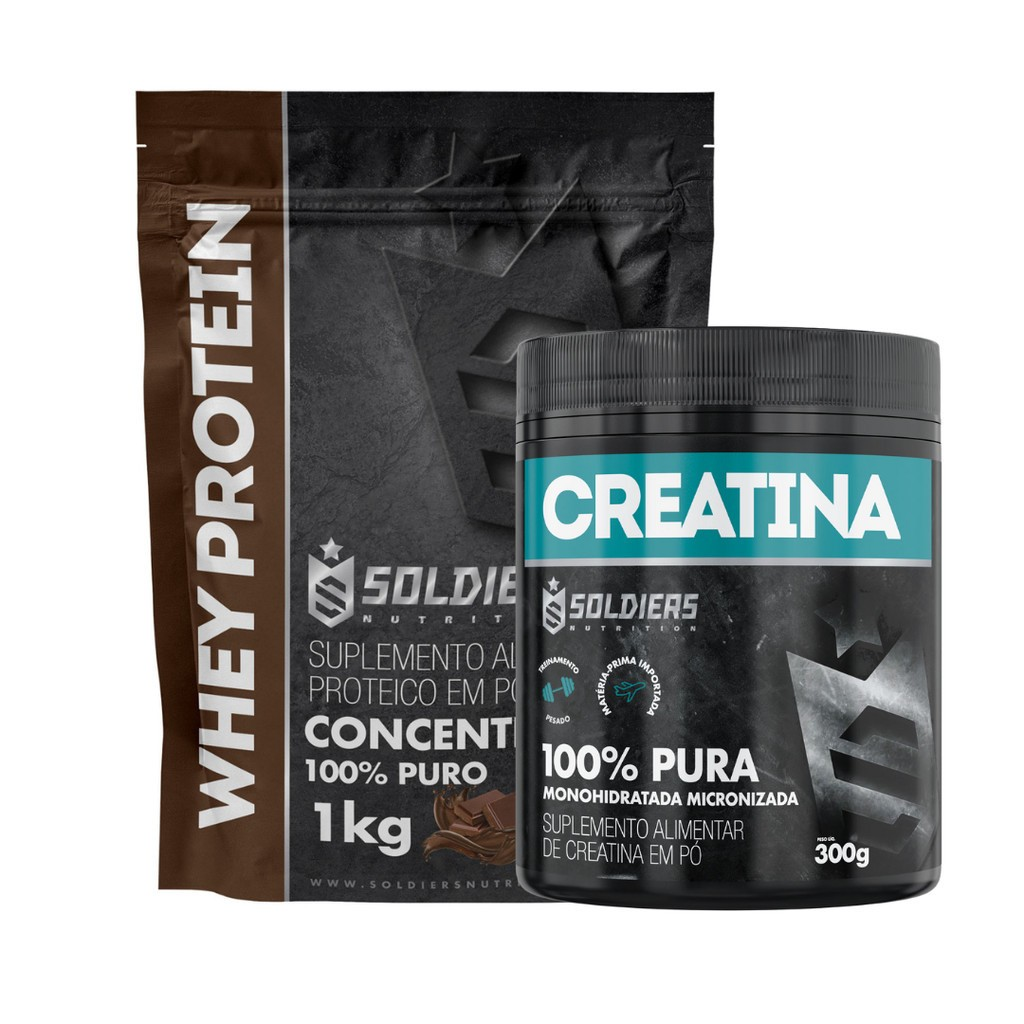 Kit: Whey Protein Concentrado 1Kg + Creatina Monohidratada Pote 300g - 100% Pura Importada - Soldiers Nutrition