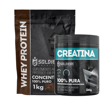 Kit: Whey Protein Concentrado 1Kg + Creatina Monohidratada Pote 300g - 100% Pura Importada - Soldiers Nutrition