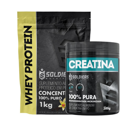 Kit: Whey Protein Concentrado 1Kg + Creatina Monohidratada Pote 300g - 100% Pura Importada - Soldiers Nutrition