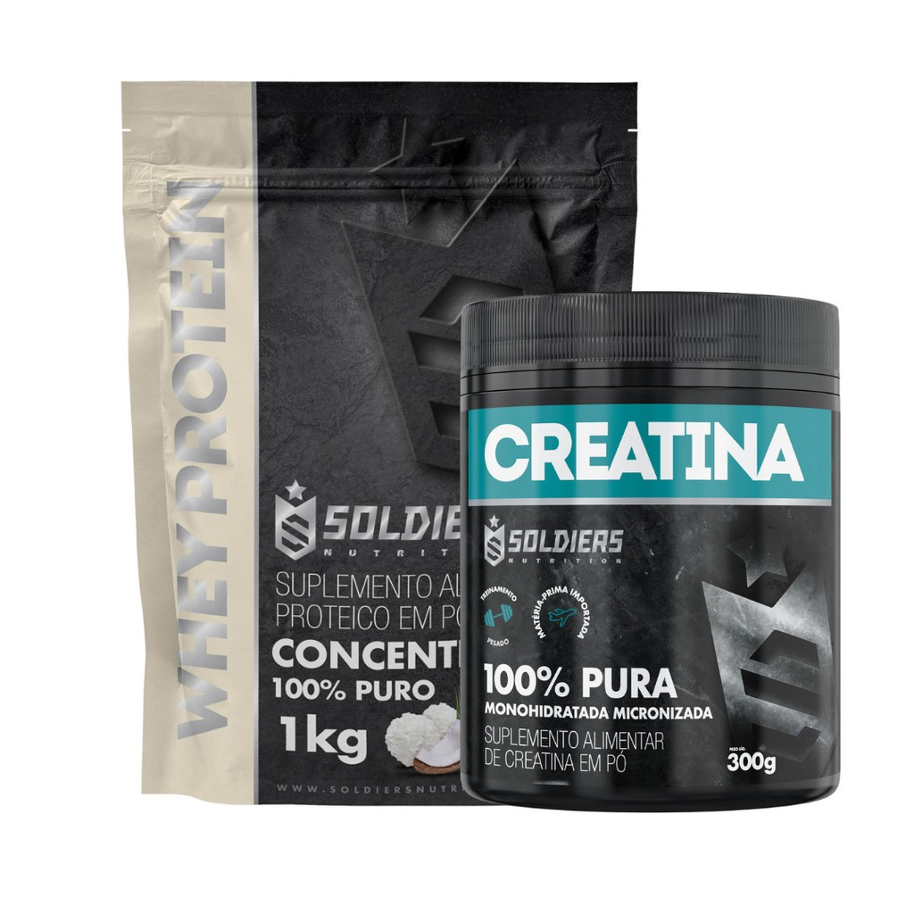 Kit: Whey Protein Concentrado 1Kg + Creatina Monohidratada Pote 300g - 100% Pura Importada - Soldiers Nutrition