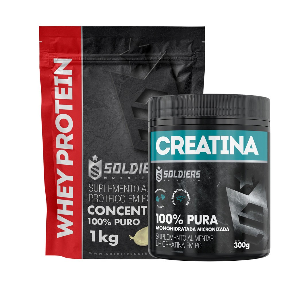 Kit: Whey Protein Concentrado 1Kg + Creatina Monohidratada Pote 300g - 100% Pura Importada - Soldiers Nutrition