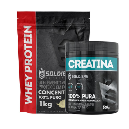 Kit: Whey Protein Concentrado 1Kg + Creatina Monohidratada Pote 300g - 100% Pura Importada - Soldiers Nutrition