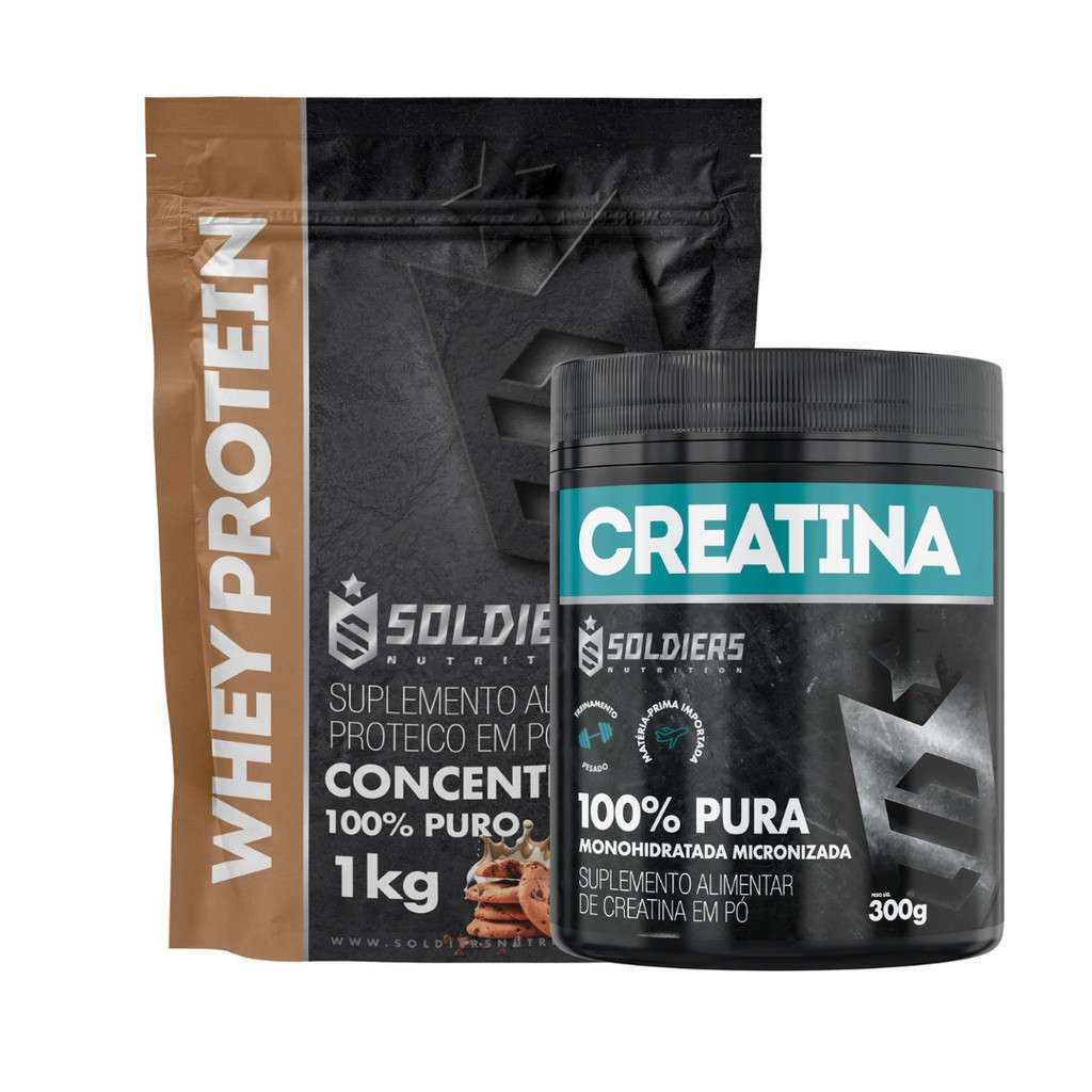 Kit: Whey Protein Concentrado 1Kg + Creatina Monohidratada Pote 300g - 100% Pura Importada - Soldiers Nutrition